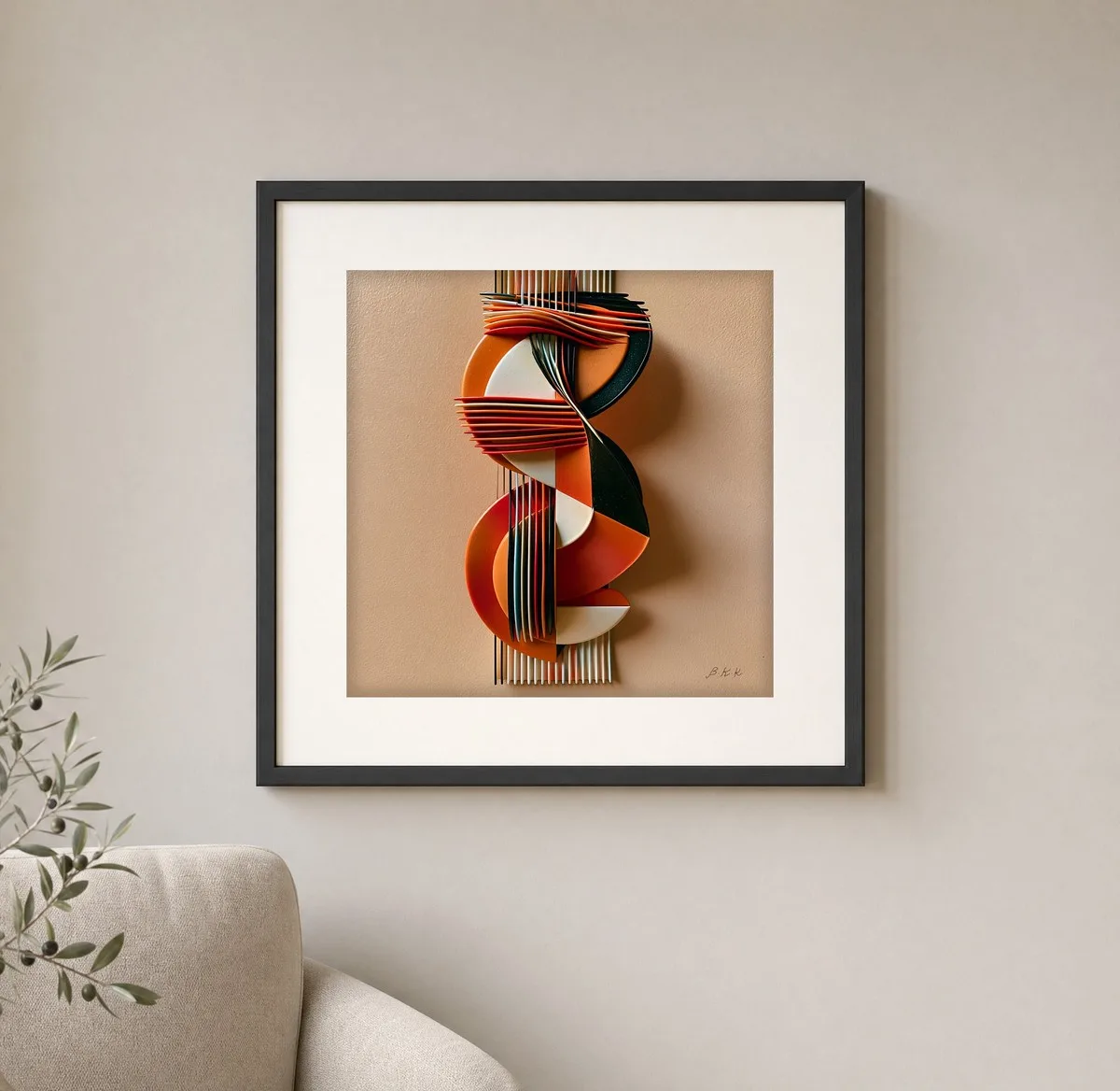 The Orange Twist by Bassem, art print shown framed on a wall