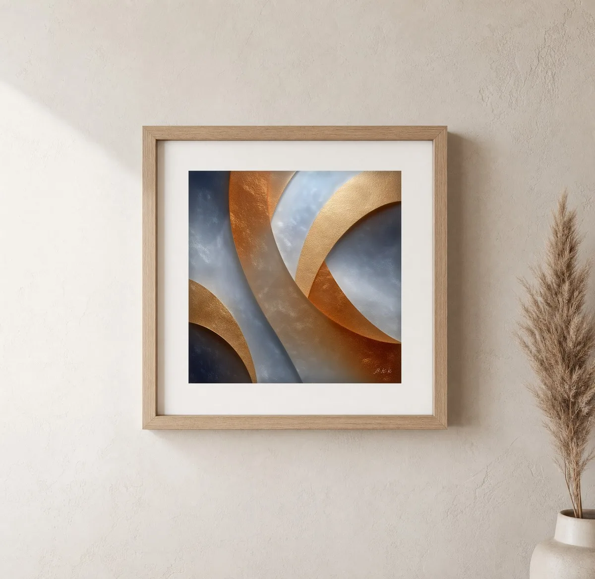 Gold Ribbons at Dusk by Bassem, art print shown framed on a wall