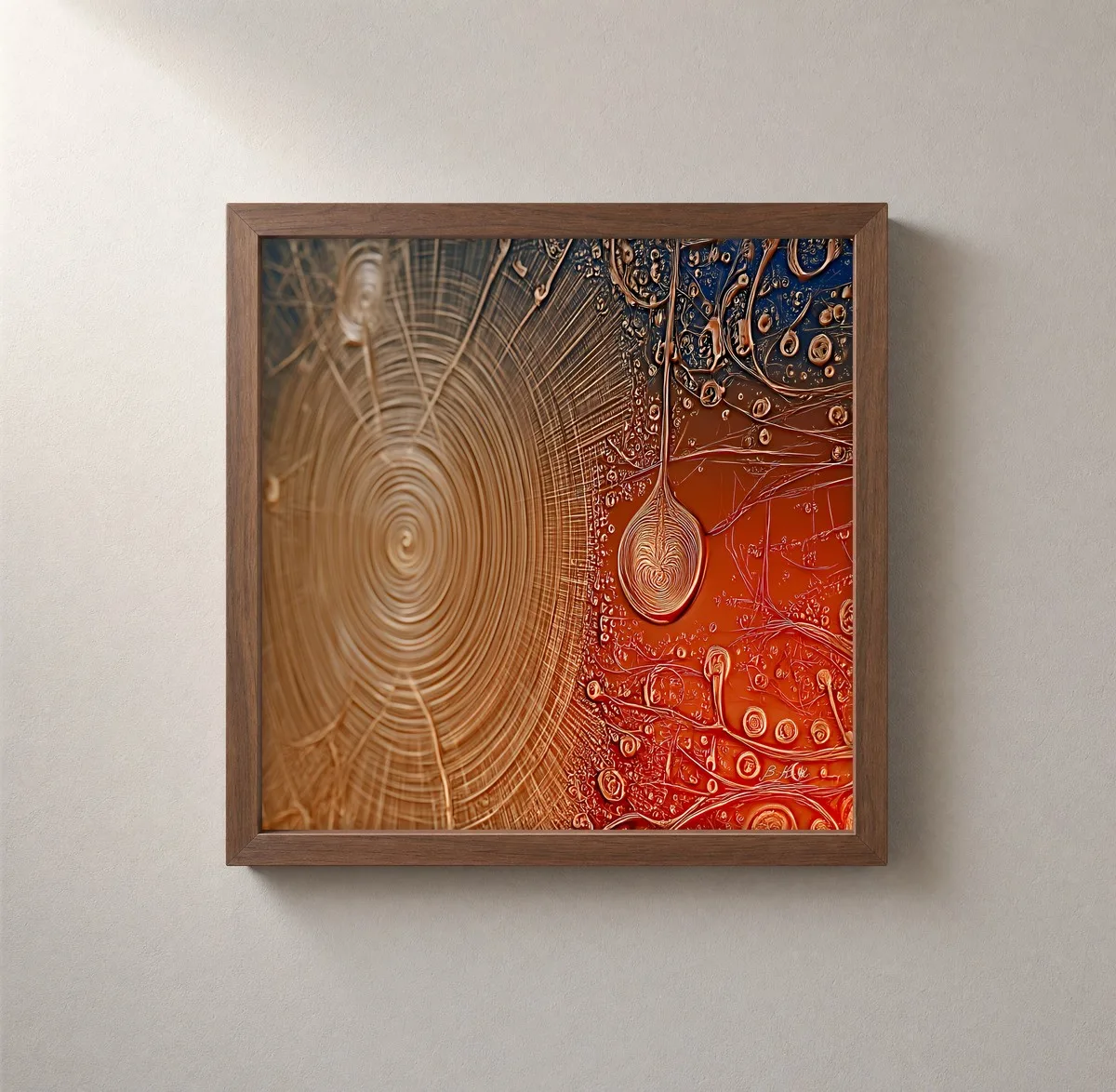 Copper Ripple Drop by Bassem, framed print on a wall
