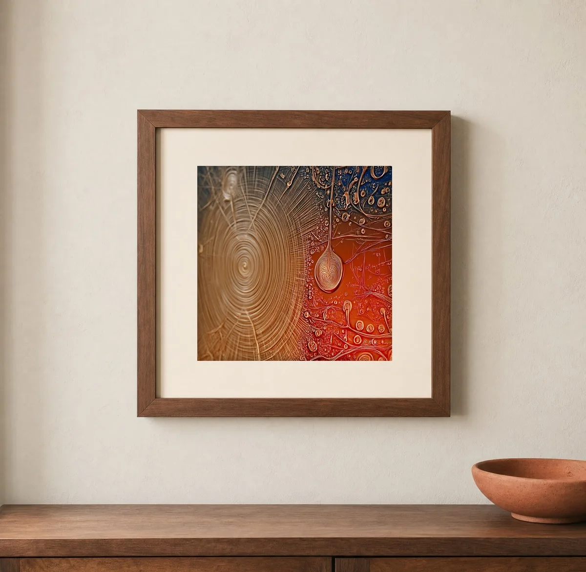 Copper Ripple Drop by Bassem, art print shown framed on a wall