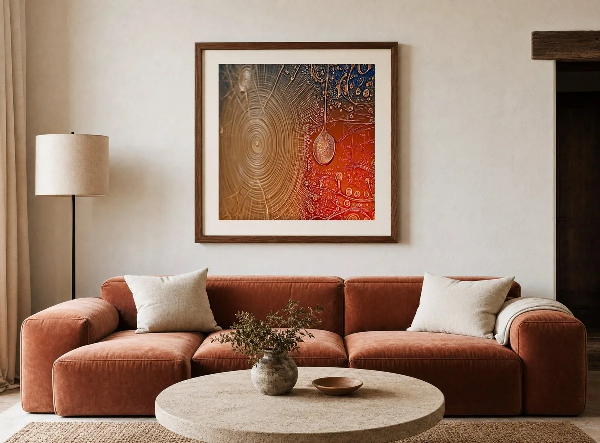 Copper Ripple Drop by Bassem, art print shown framed on a wall