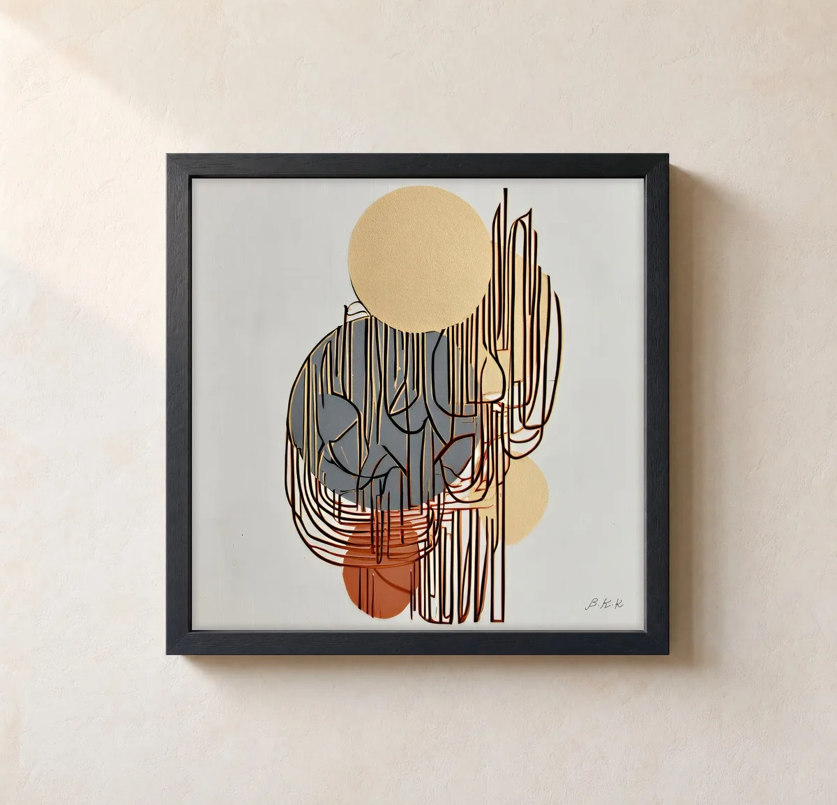 Loops Over Gold by Bassem, framed print on a wall