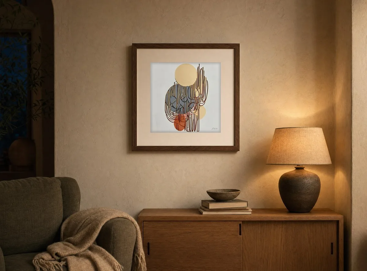 Loops Over Gold by Bassem, art print shown framed on a wall