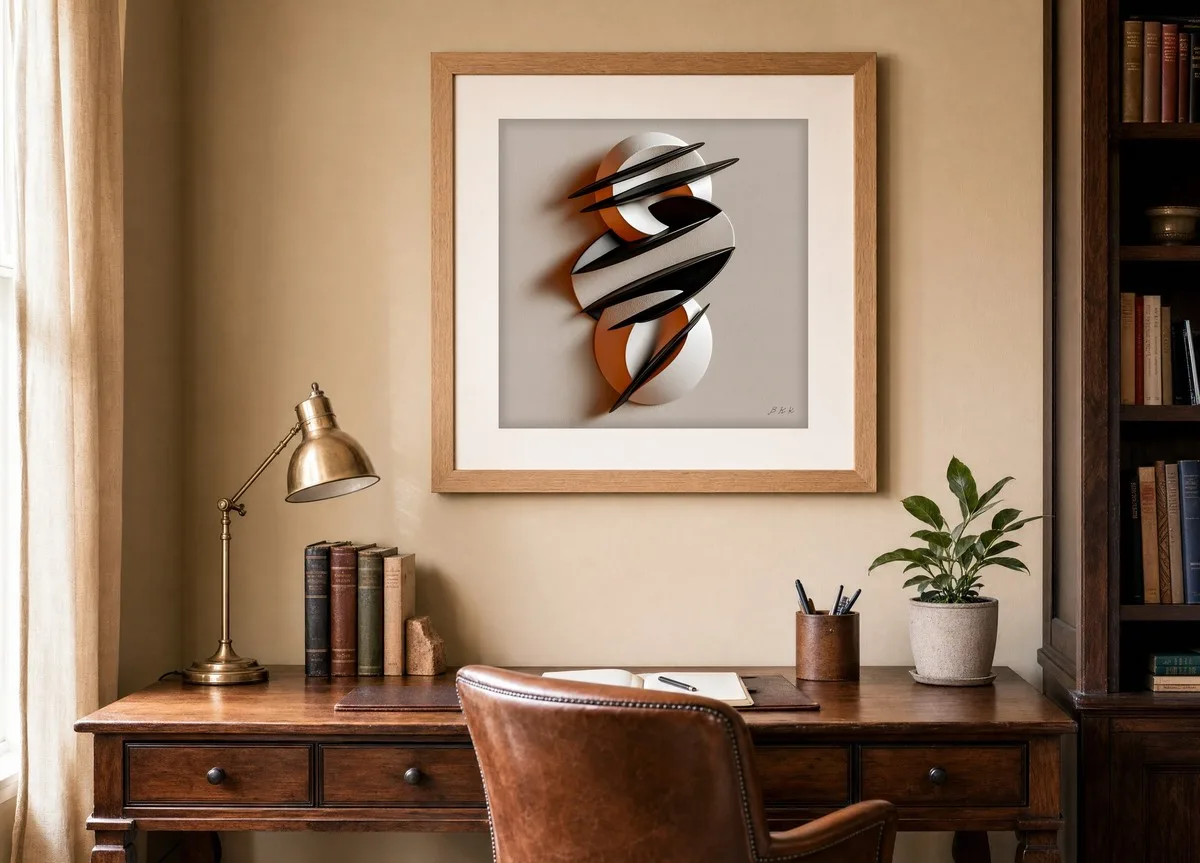 Stacked Discs and Blades by Bassem, art print shown framed on a wall