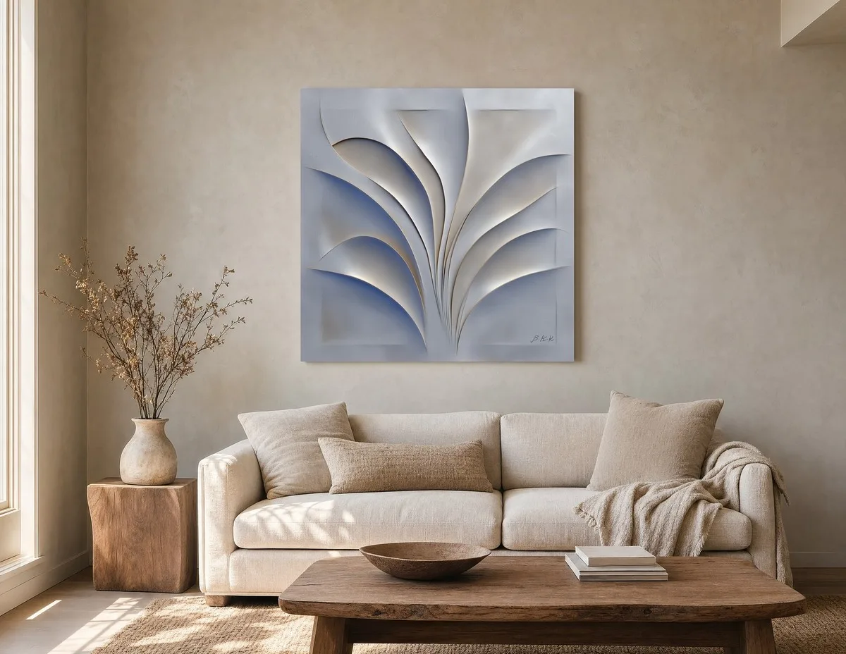 ba-0144-fanned-plaster-fronds-canvas-2-canvas-room-living-greige-v4 Fanned Plaster Fronds by Bassem, canvas on a wall
