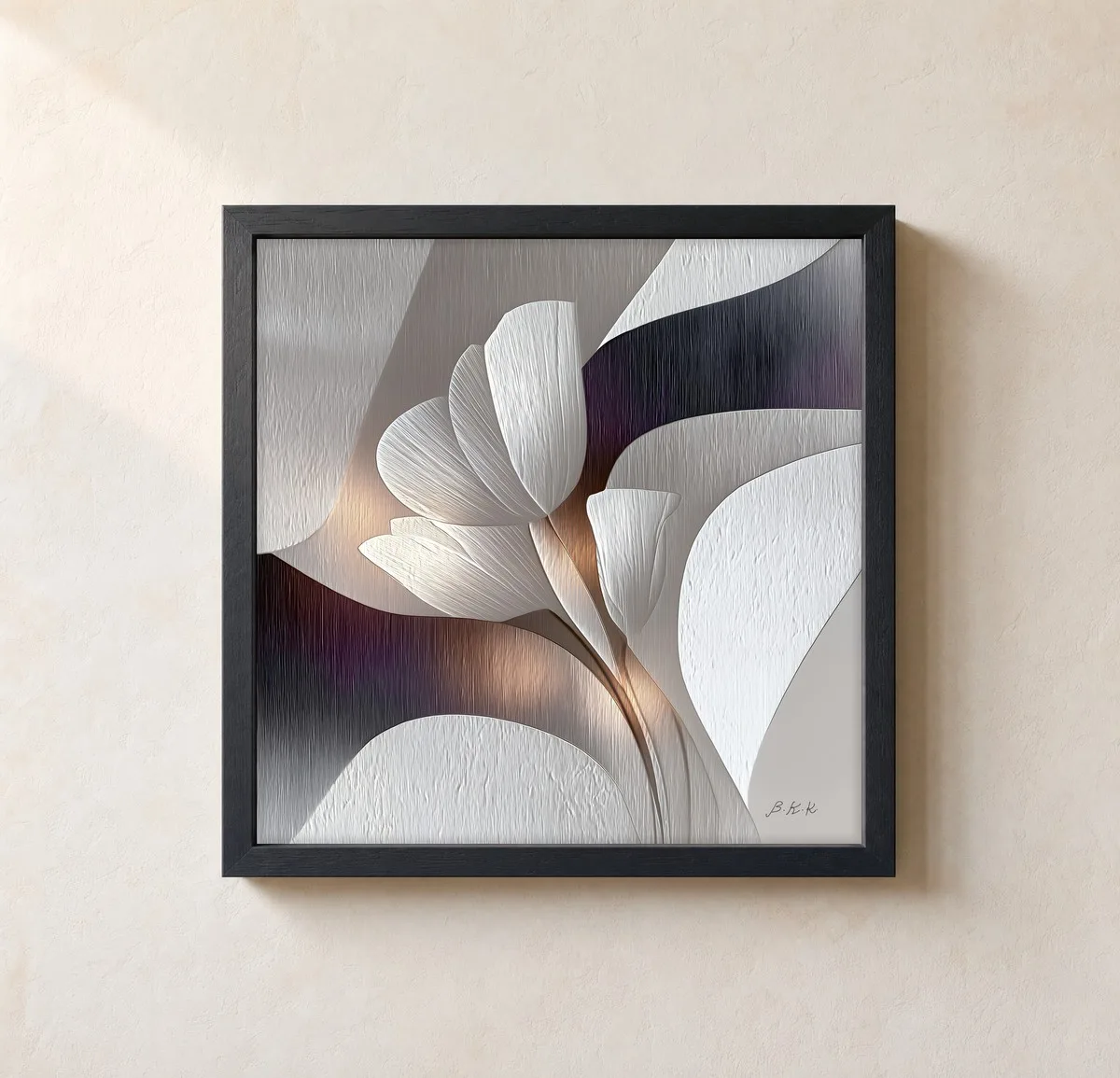 White Bloom in Relief by Bassem, framed print on a wall