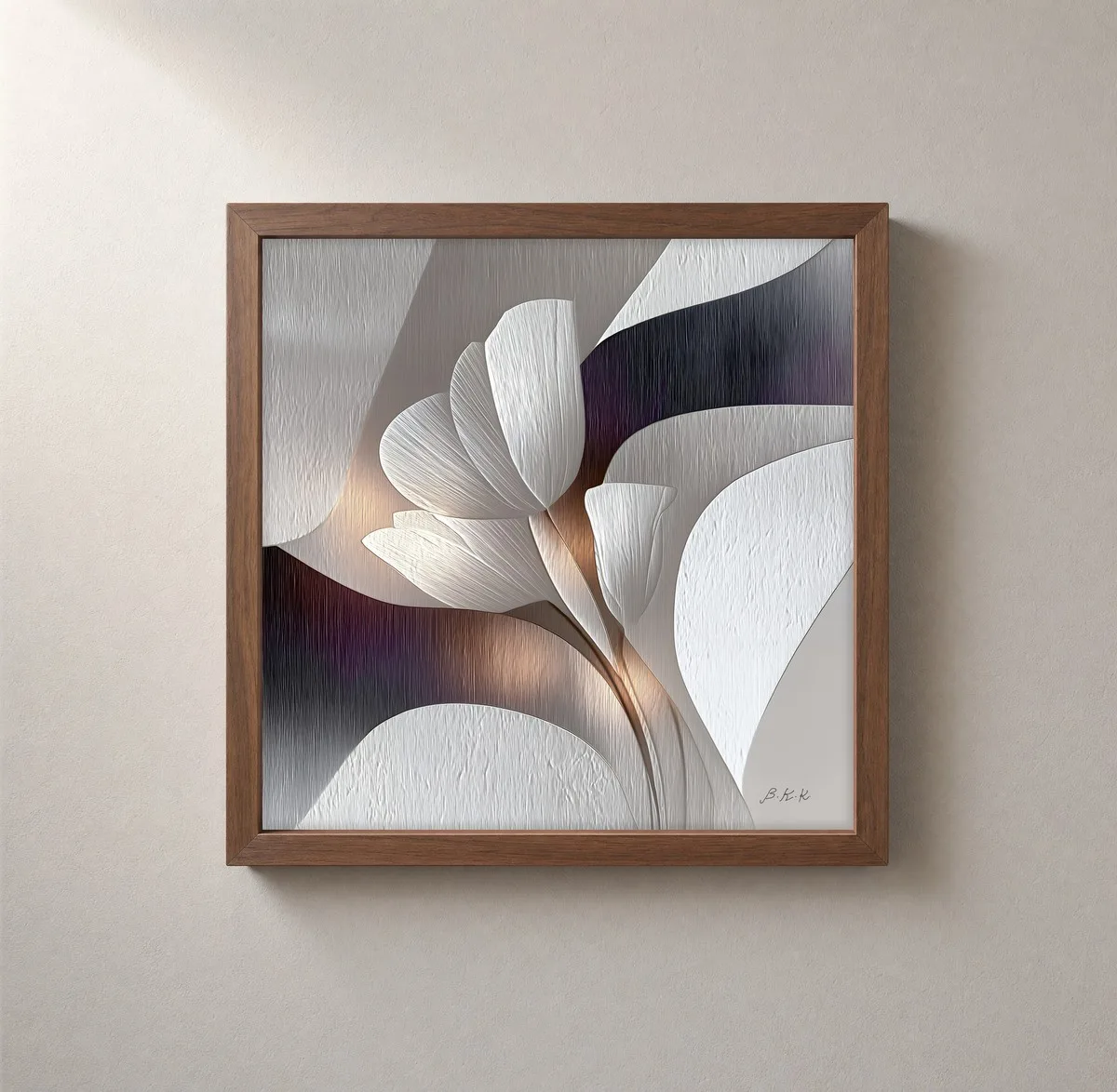 White Bloom in Relief by Bassem, framed print on a wall