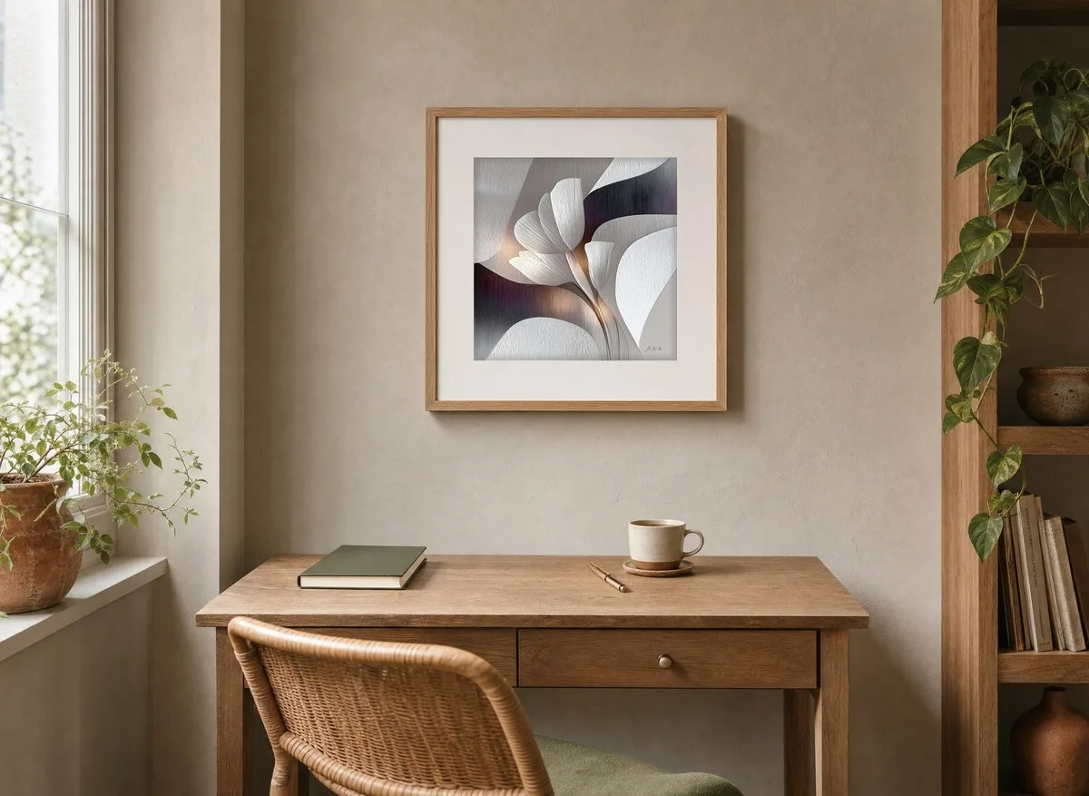 ba-0147-white-bloom-in-relief-print-2-room-reading-oak-v4 White Bloom in Relief by Bassem, art print shown framed on a wall