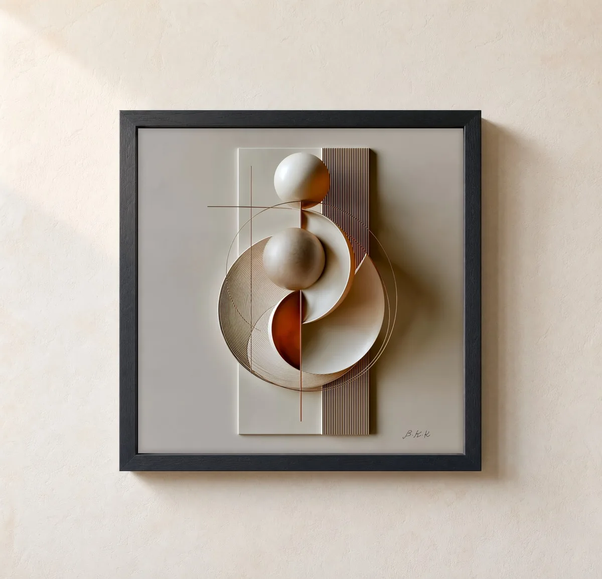 Two Spheres at Rest by Bassem, framed print on a wall