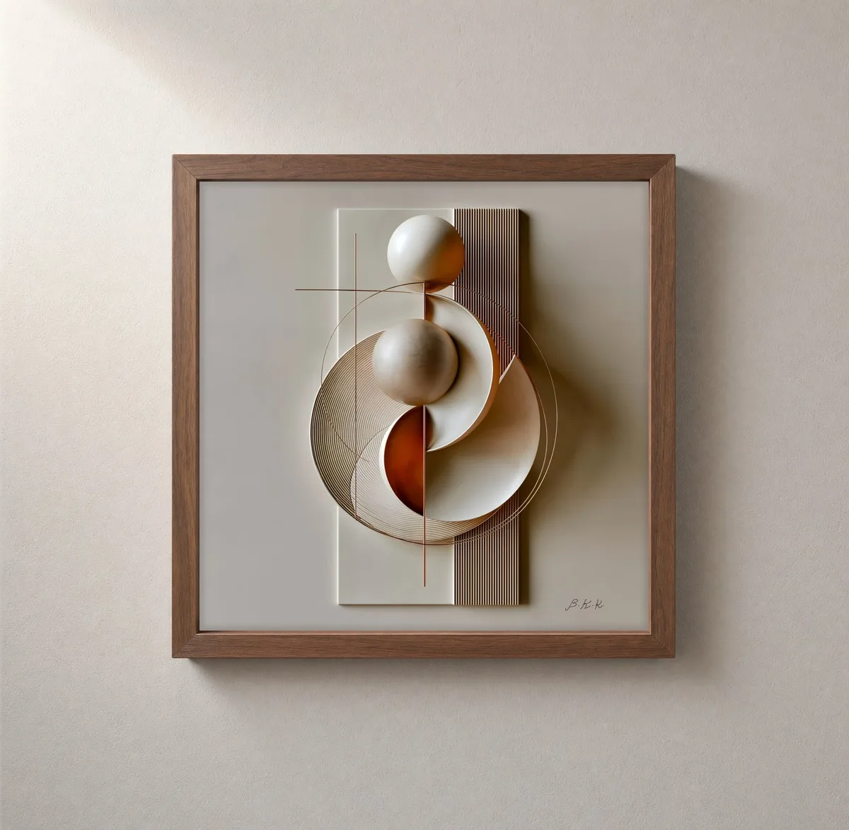 Two Spheres at Rest by Bassem, framed print on a wall