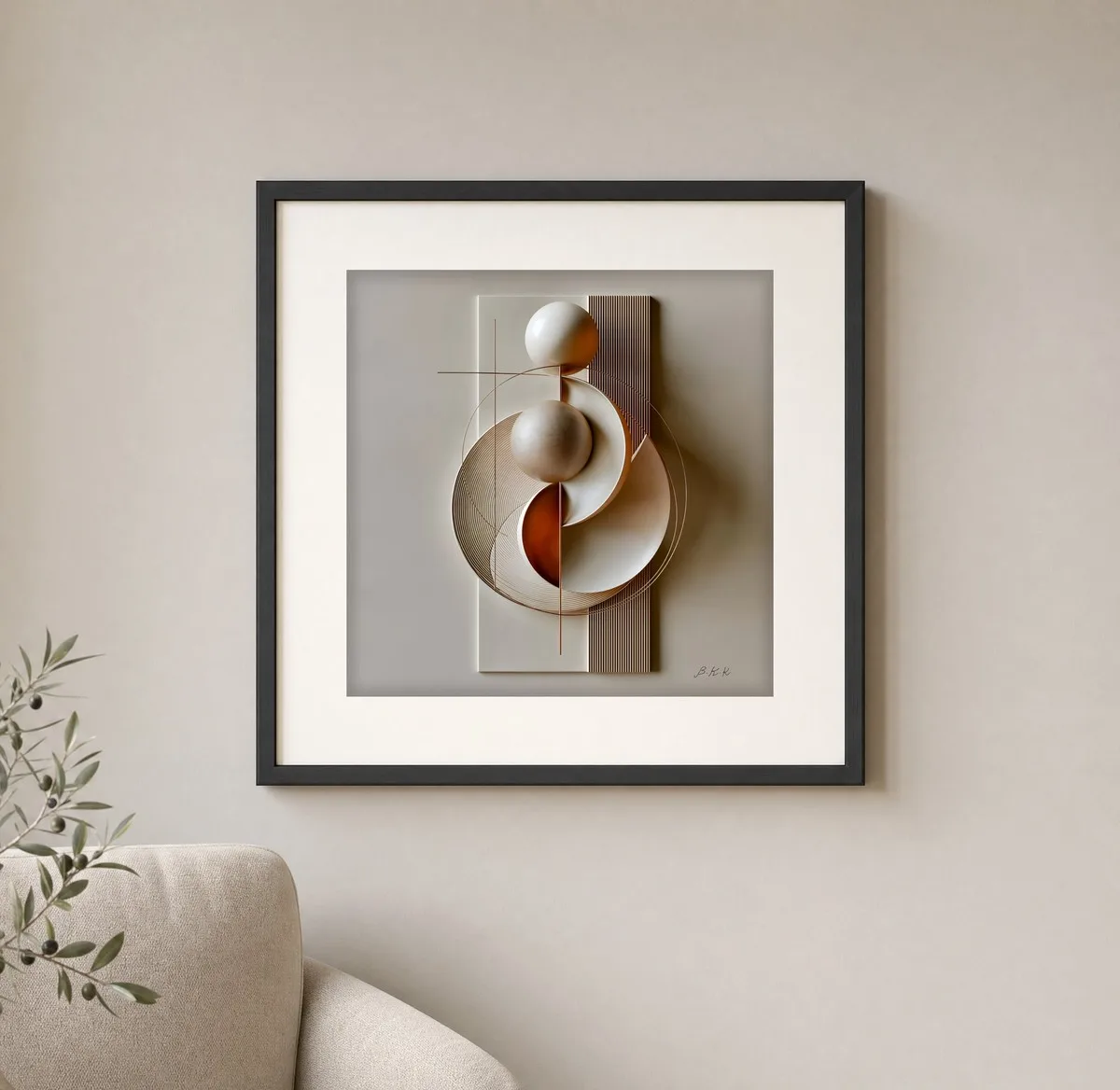 Two Spheres at Rest by Bassem, art print shown framed on a wall