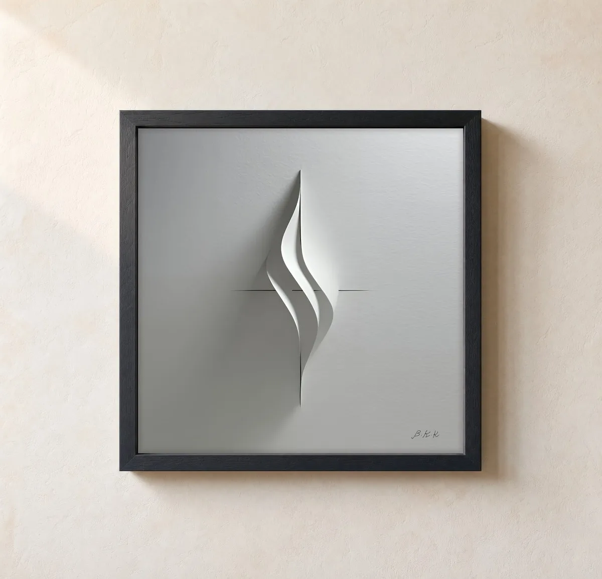 Folded White Flame by Bassem, framed print on a wall