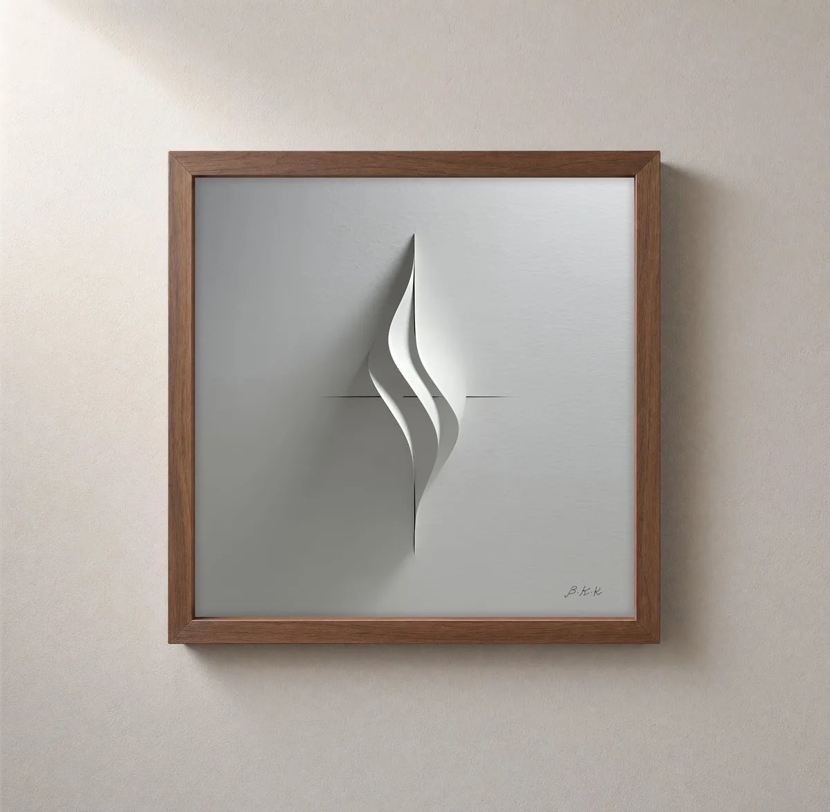 Folded White Flame by Bassem, framed print on a wall