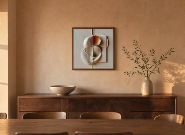 Terracotta Bowl and Strings by Bassem, framed print on a wall