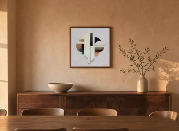 ba-0154-stacked-cream-columns-framed-4-thin-room-dining-walnut-v4 Stacked Cream Columns by Bassem, framed print on a wall