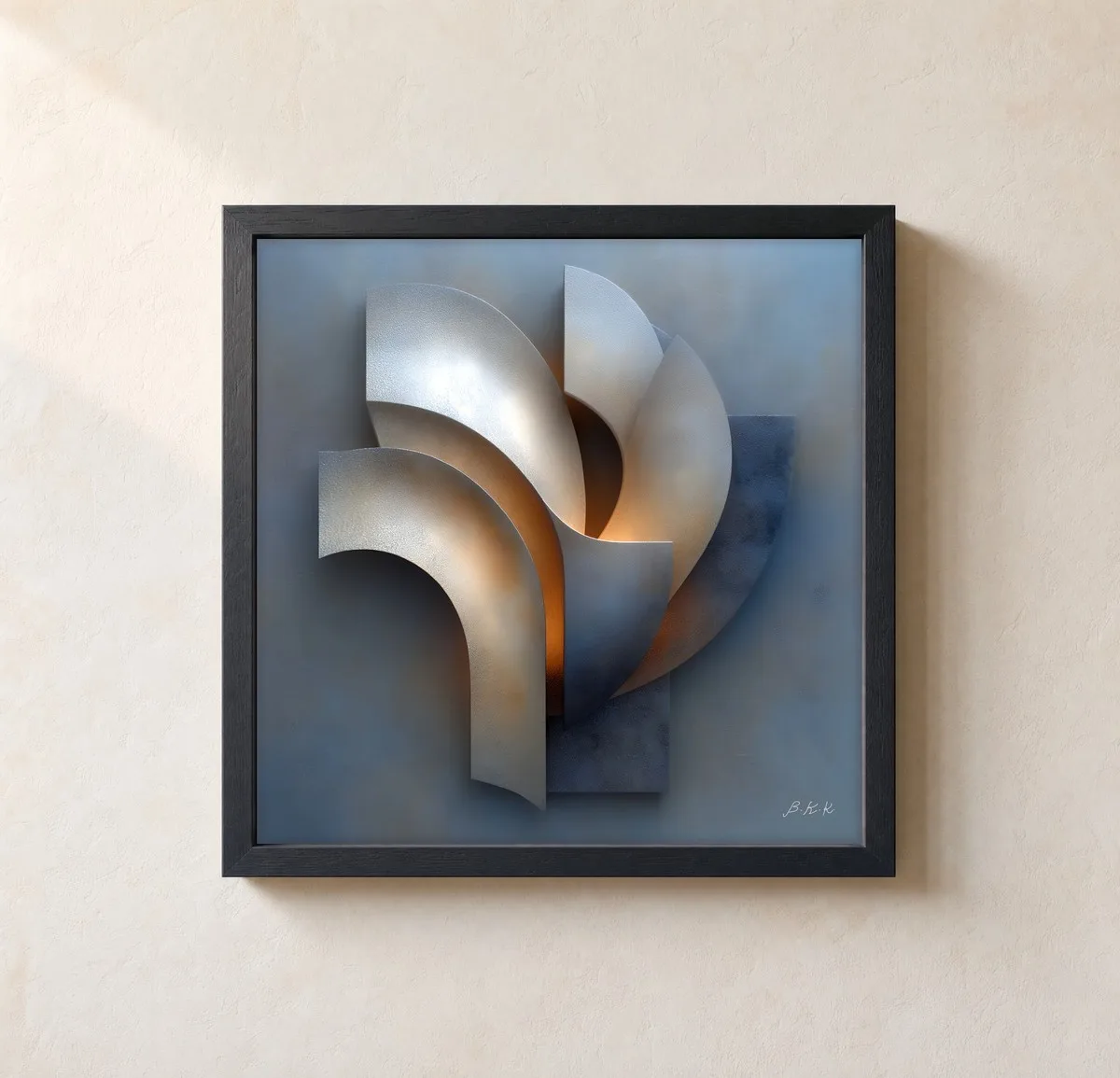 Curved Silver Blades by Bassem, framed print on a wall