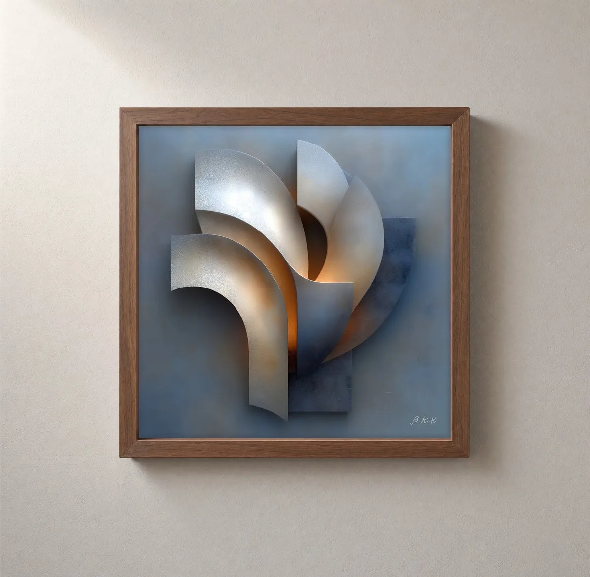 Curved Silver Blades by Bassem, framed print on a wall