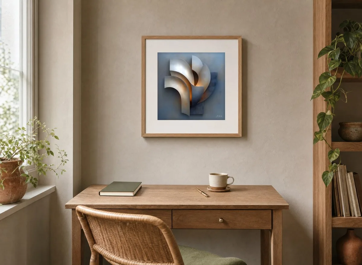 Curved Silver Blades by Bassem, art print shown framed on a wall