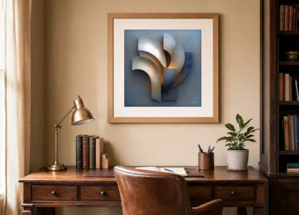 Curved Silver Blades by Bassem, art print shown framed on a wall