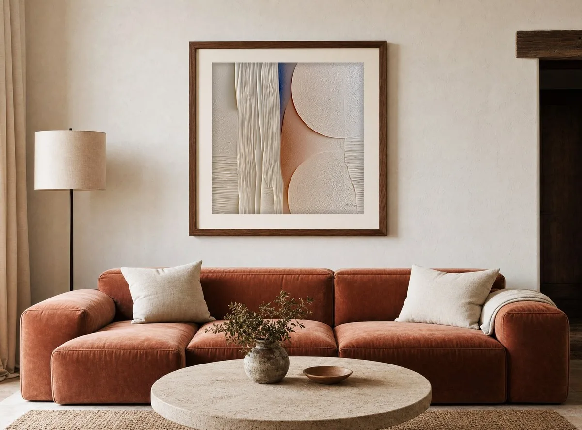 Two Moons in Cream by Bassem, art print shown framed on a wall