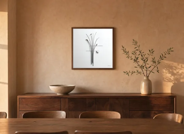 ba-0157-wire-bouquet-framed-4-thin-room-dining-walnut-v4 Wire Bouquet by Bassem, framed print on a wall