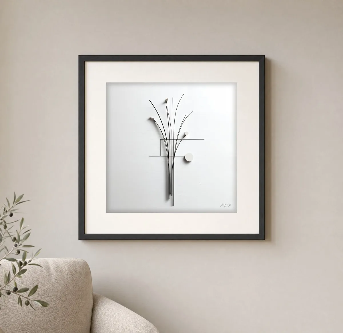 Wire Bouquet by Bassem, art print shown framed on a wall