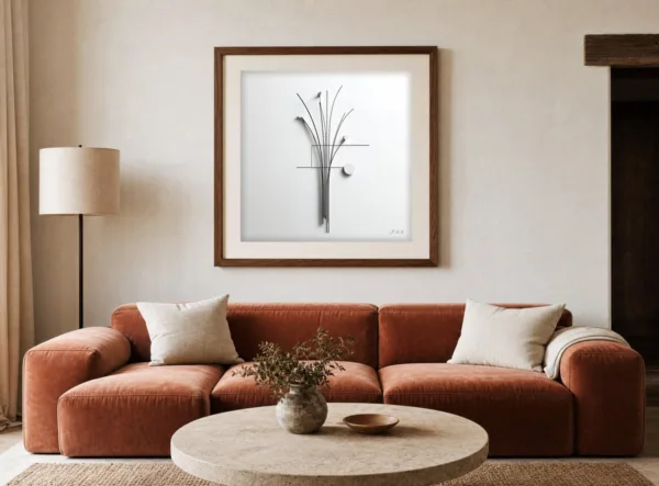 ba-0157-wire-bouquet-print-3-room-living-terracotta-walnut-v4 Wire Bouquet by Bassem, art print shown framed on a wall