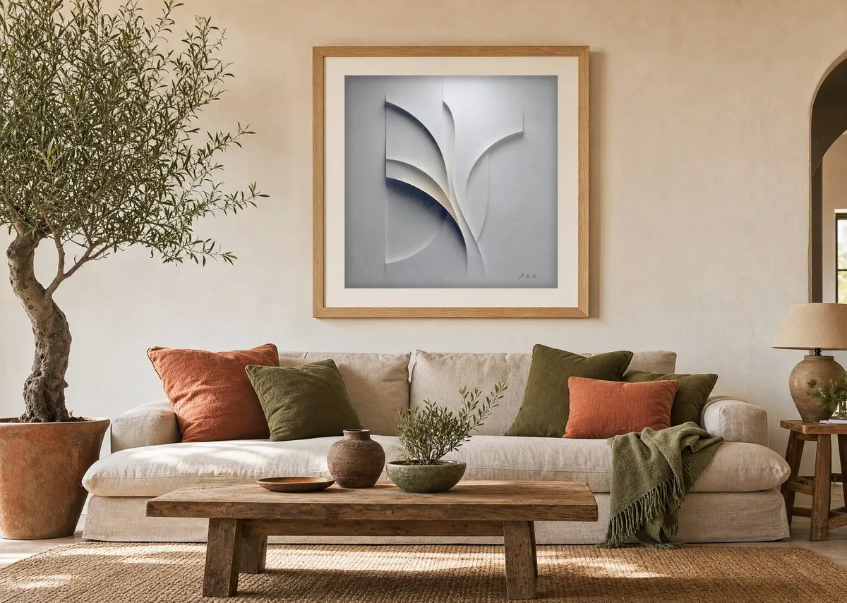 White Petal Panels by Bassem, art print shown framed on a wall