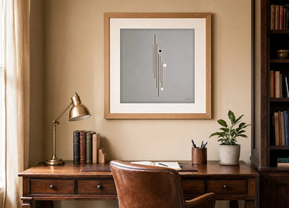Three Quiet Dots by Bassem, art print shown framed on a wall