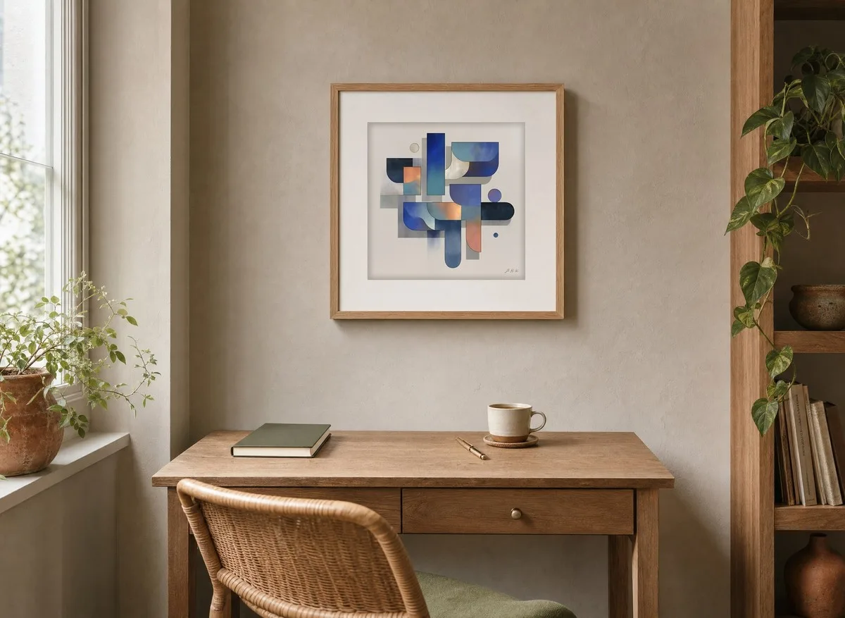 Evening Blue Blocks by Bassem, art print shown framed on a wall