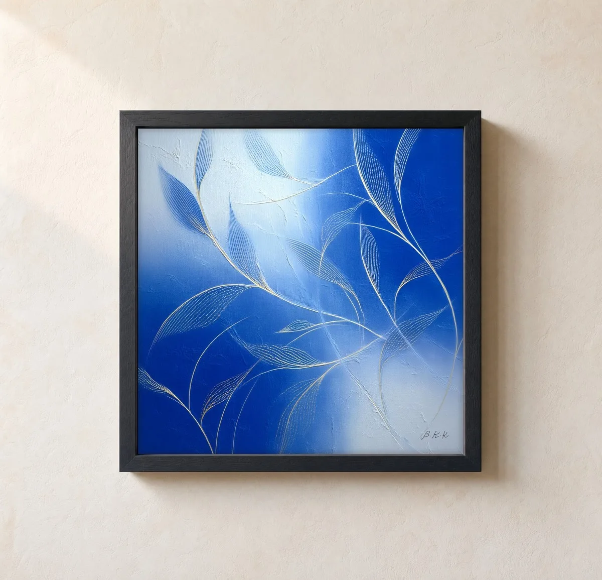 Gold Thread Leaves by Bassem, framed print on a wall