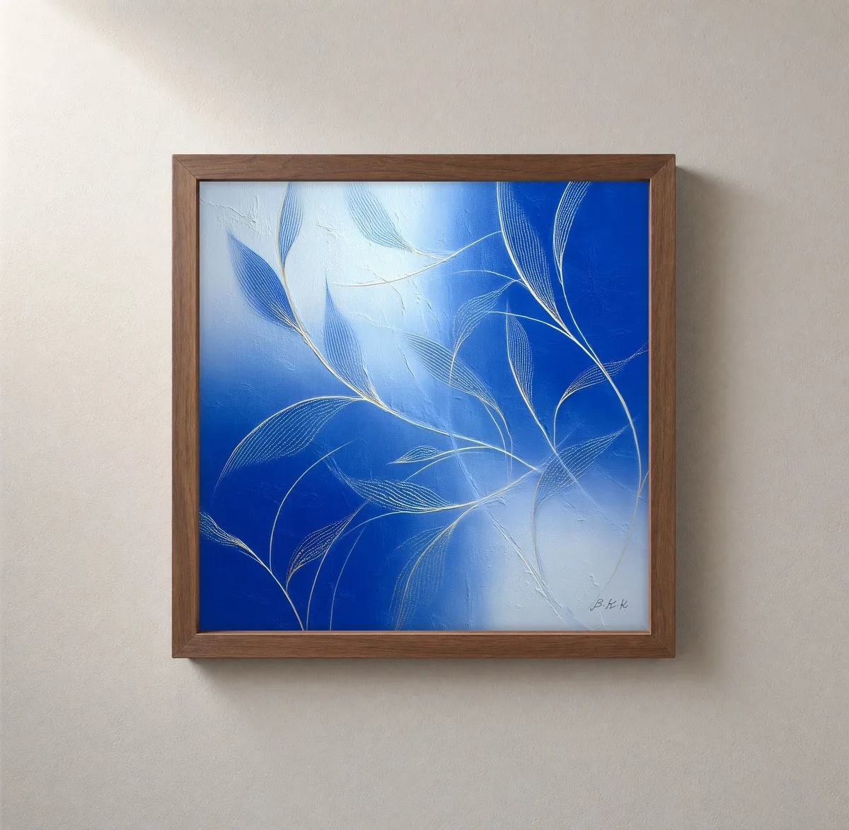Gold Thread Leaves by Bassem, framed print on a wall
