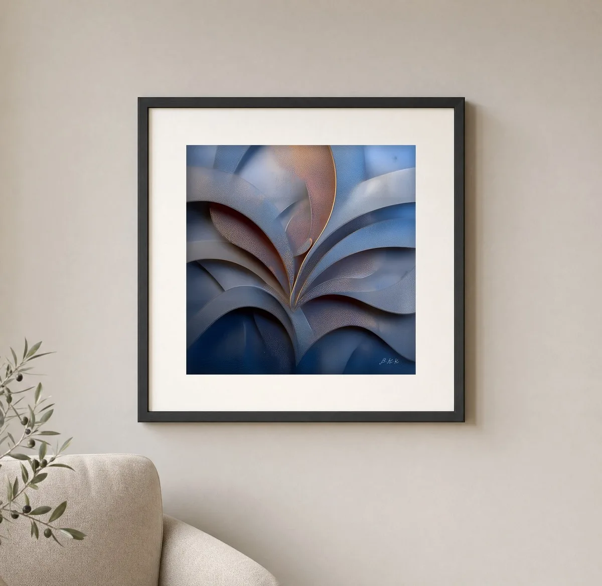 ba-0170-the-copper-leaf-print-1-closeup-black-v4 The Copper Leaf by Bassem, art print shown framed on a wall