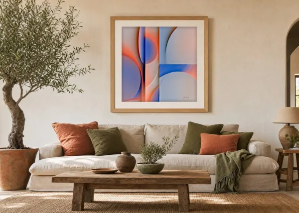 ba-0171-coral-light-arcs-print-3-room-living-oak-v4 Coral Light Arcs by Bassem, art print shown framed on a wall