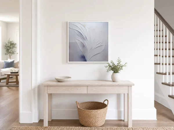 ba-0172-fronds-in-white-plaster-framed-4-thin-room-entry-white-v4 Fronds in White Plaster by Bassem, framed print on a wall
