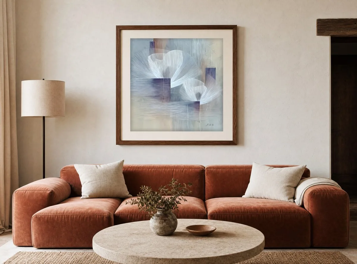 White Fans in Mist by Bassem, art print shown framed on a wall