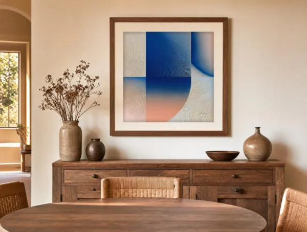 Where Blue Turns Peach by Bassem, art print shown framed on a wall