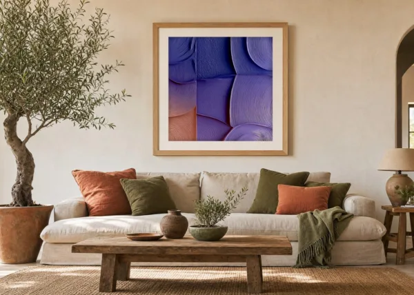 Periwinkle Swirl Tiles by Bassem, art print shown framed on a wall