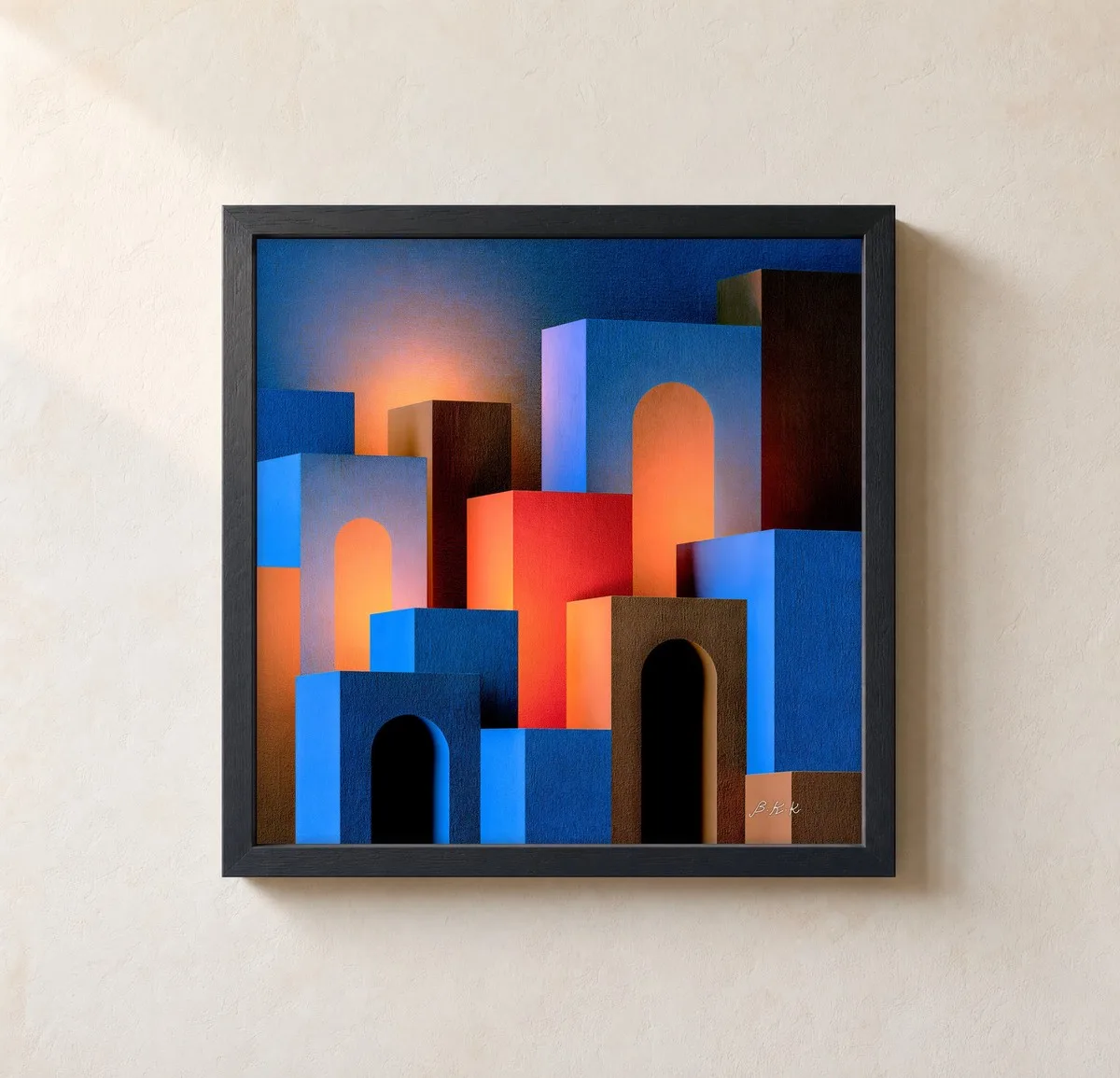 Stacked Rooms of Light by Bassem, framed print on a wall