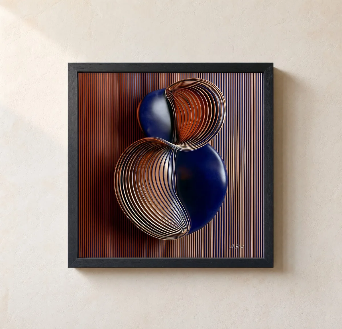 Wrapped Navy Spheres by Bassem, framed print on a wall