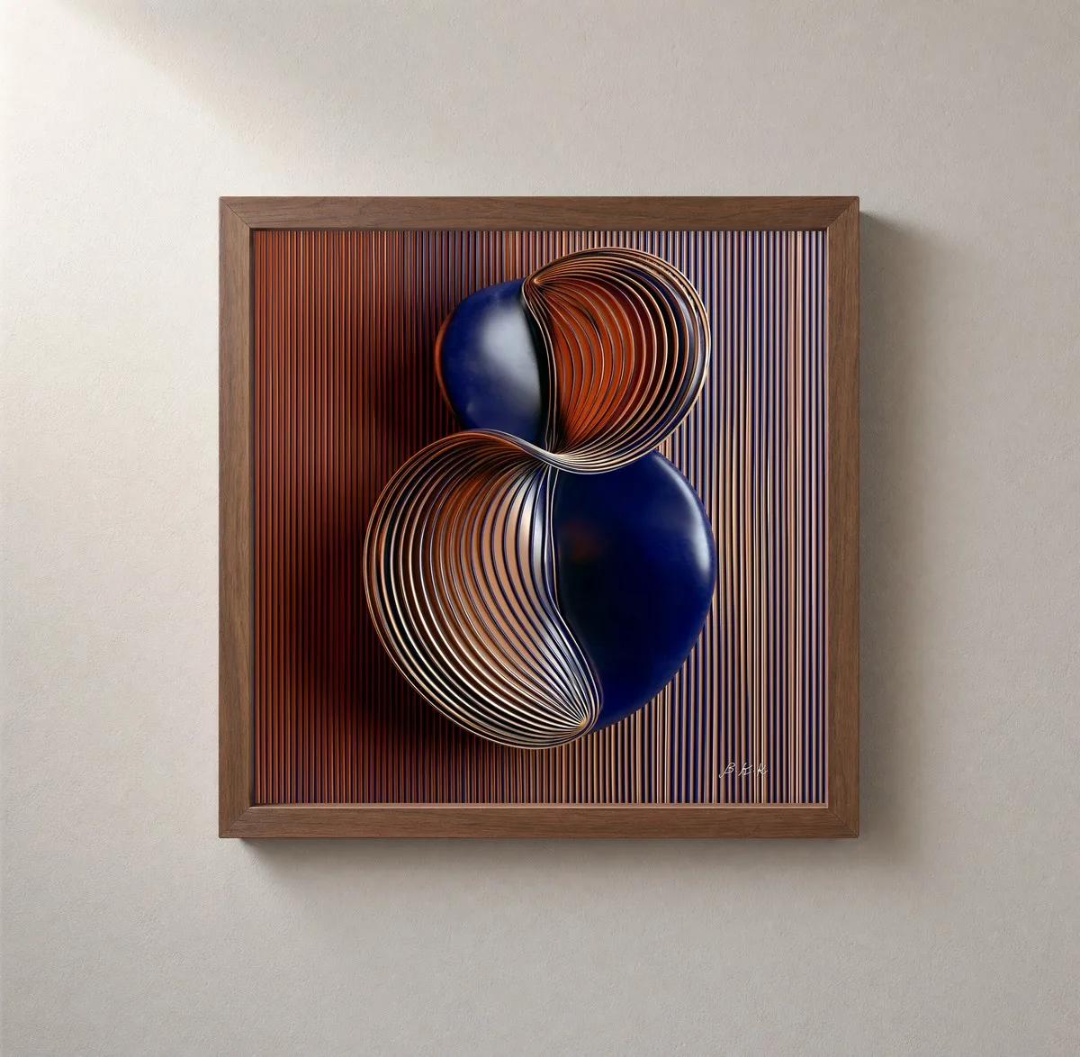 Wrapped Navy Spheres by Bassem, framed print on a wall