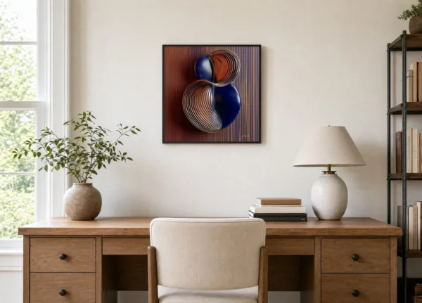 Wrapped Navy Spheres by Bassem, framed print on a wall