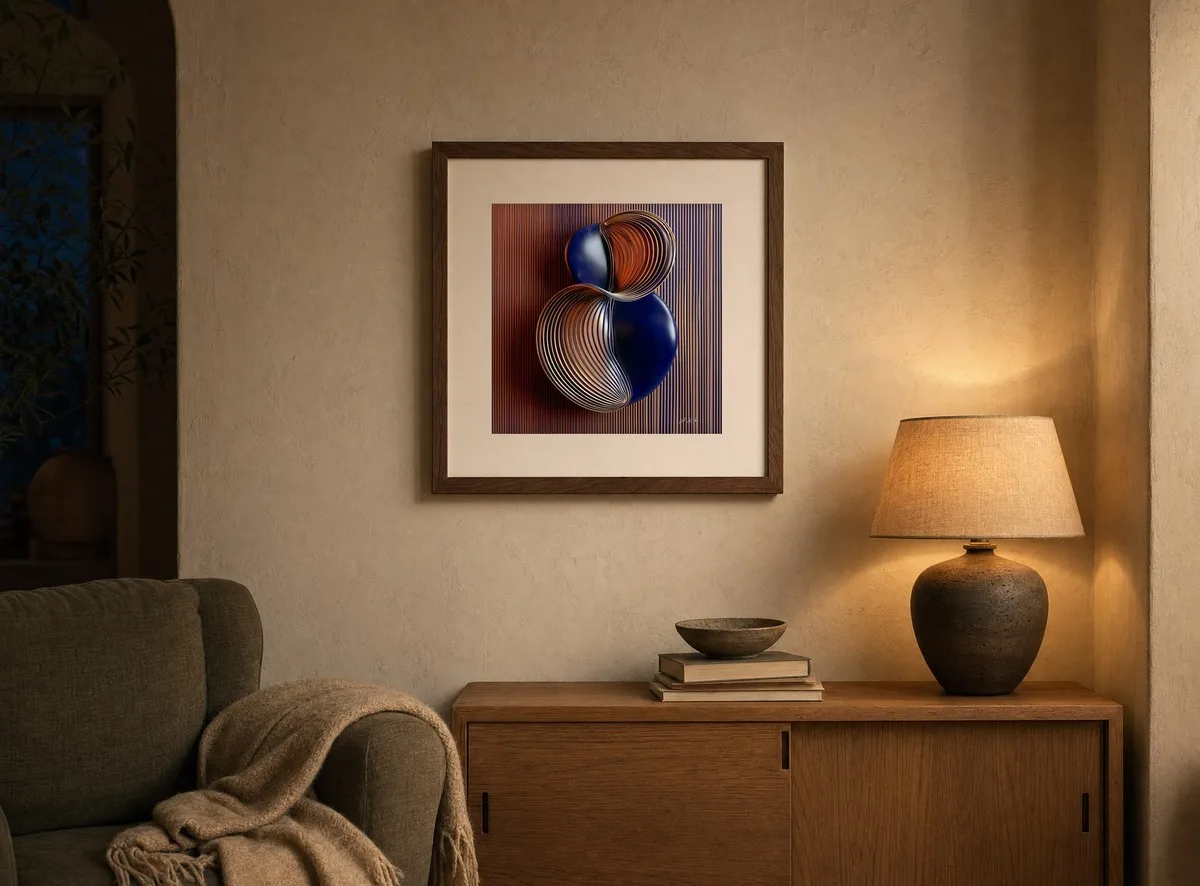 Wrapped Navy Spheres by Bassem, art print shown framed on a wall