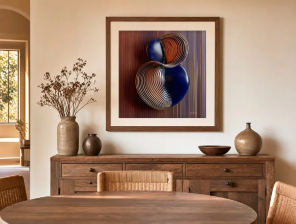 Wrapped Navy Spheres by Bassem, art print shown framed on a wall