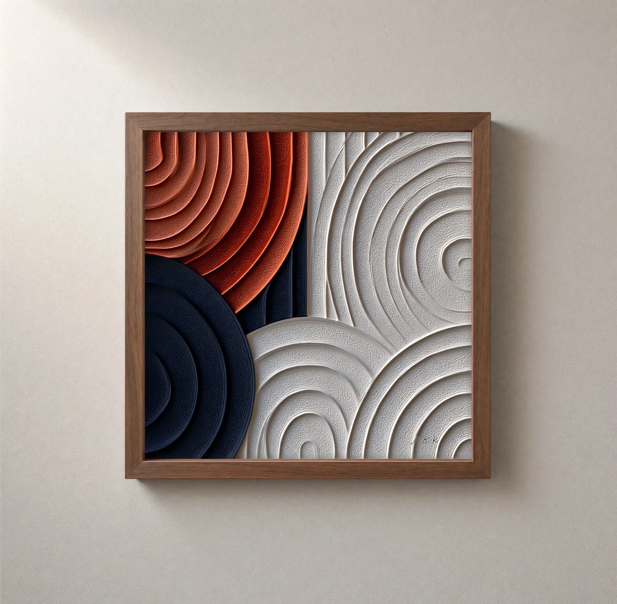 ba-0189-rust-rings-in-chalk-framed-2-thin-closeup-walnut-v4 Rust Rings in Chalk by Bassem, framed print on a wall
