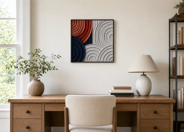 ba-0189-rust-rings-in-chalk-framed-4-thin-room-office-black-v4 Rust Rings in Chalk by Bassem, framed print on a wall