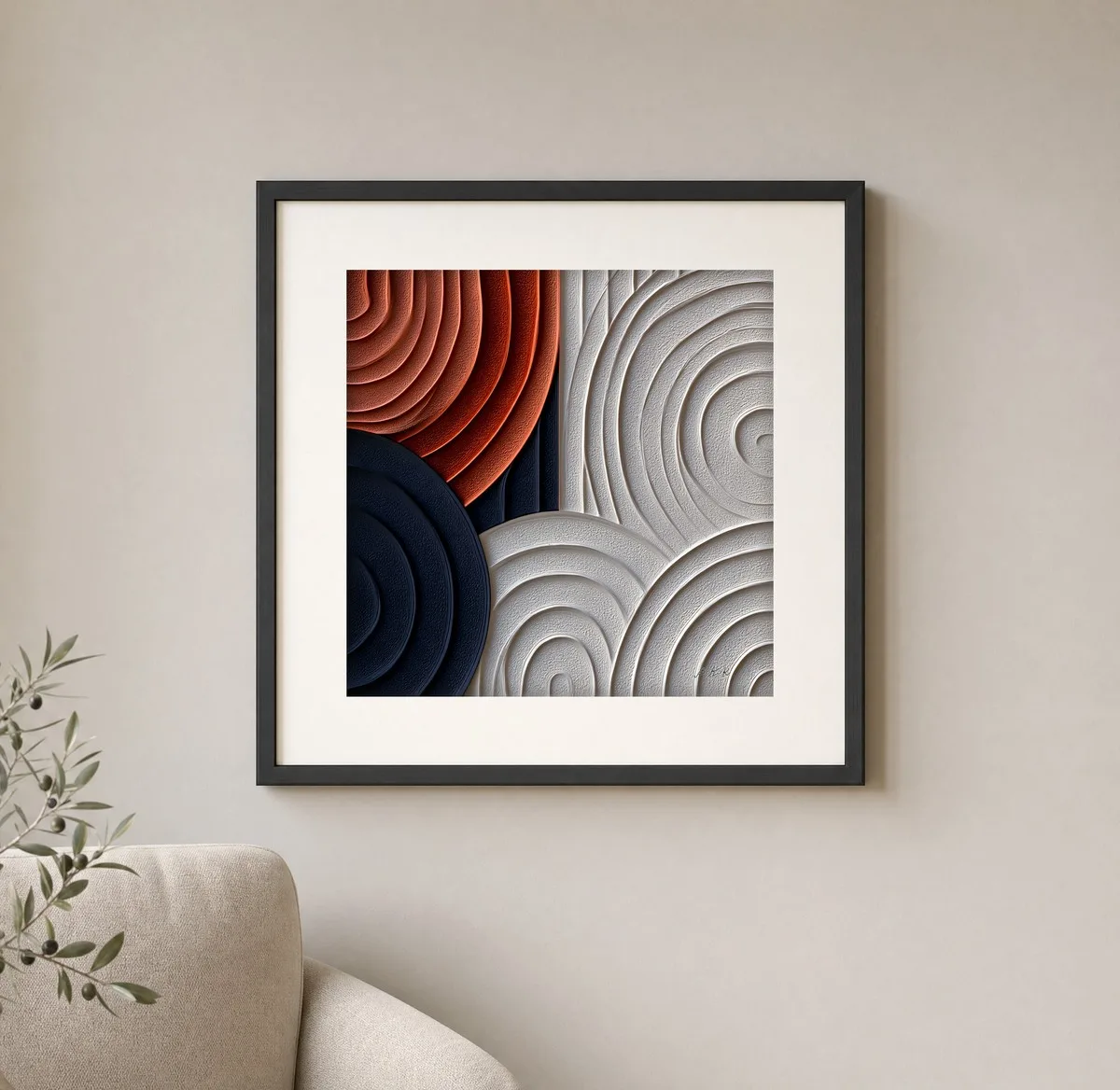 Rust Rings in Chalk by Bassem, art print shown framed on a wall