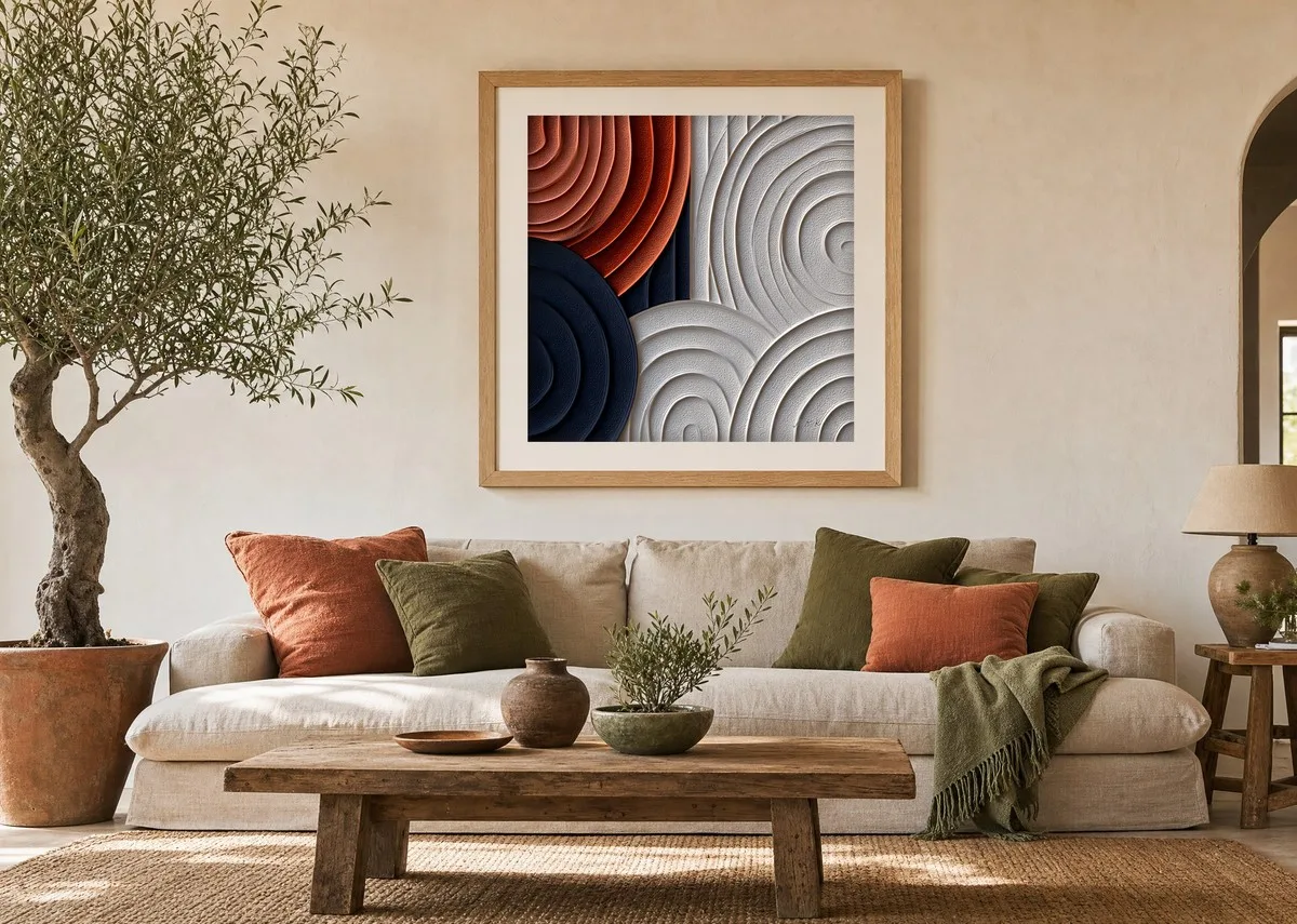 Rust Rings in Chalk by Bassem, art print shown framed on a wall