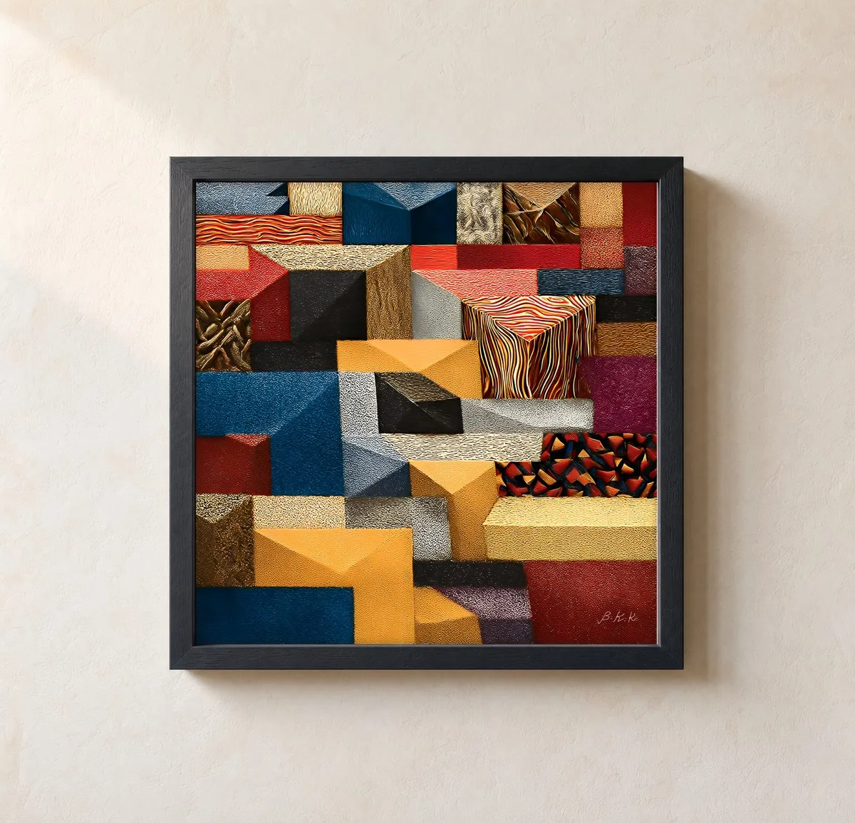 Mustard Block Quilt by Bassem, framed print on a wall