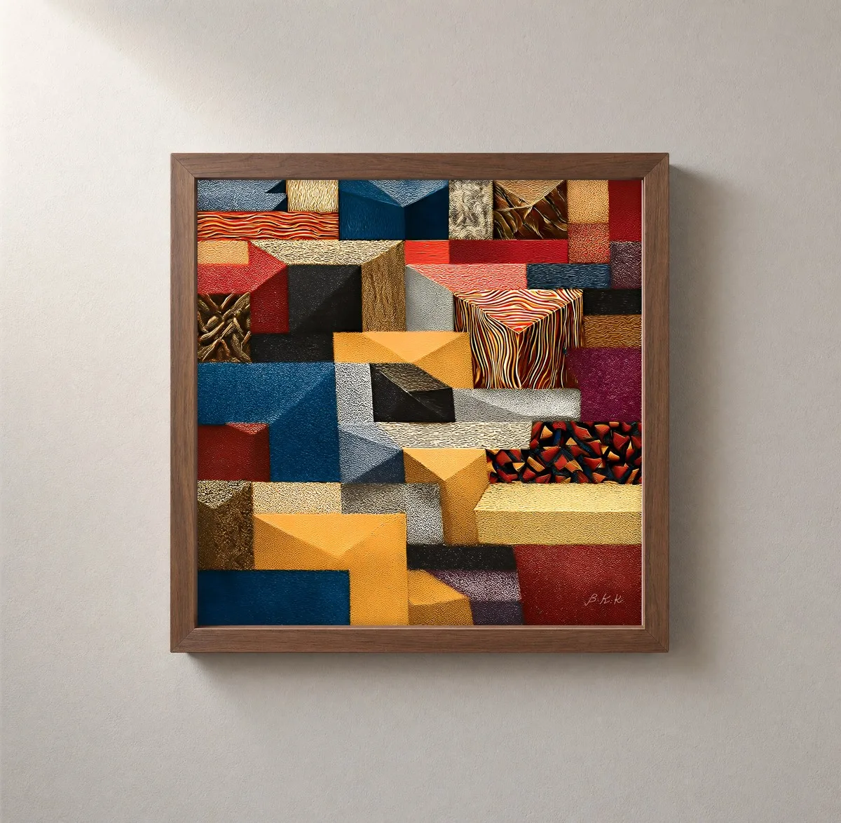 Mustard Block Quilt by Bassem, framed print on a wall